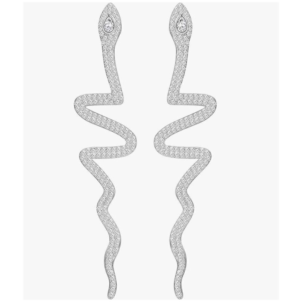 Trendy New Extra Long Silver Rhinestone Snake Design Earrings